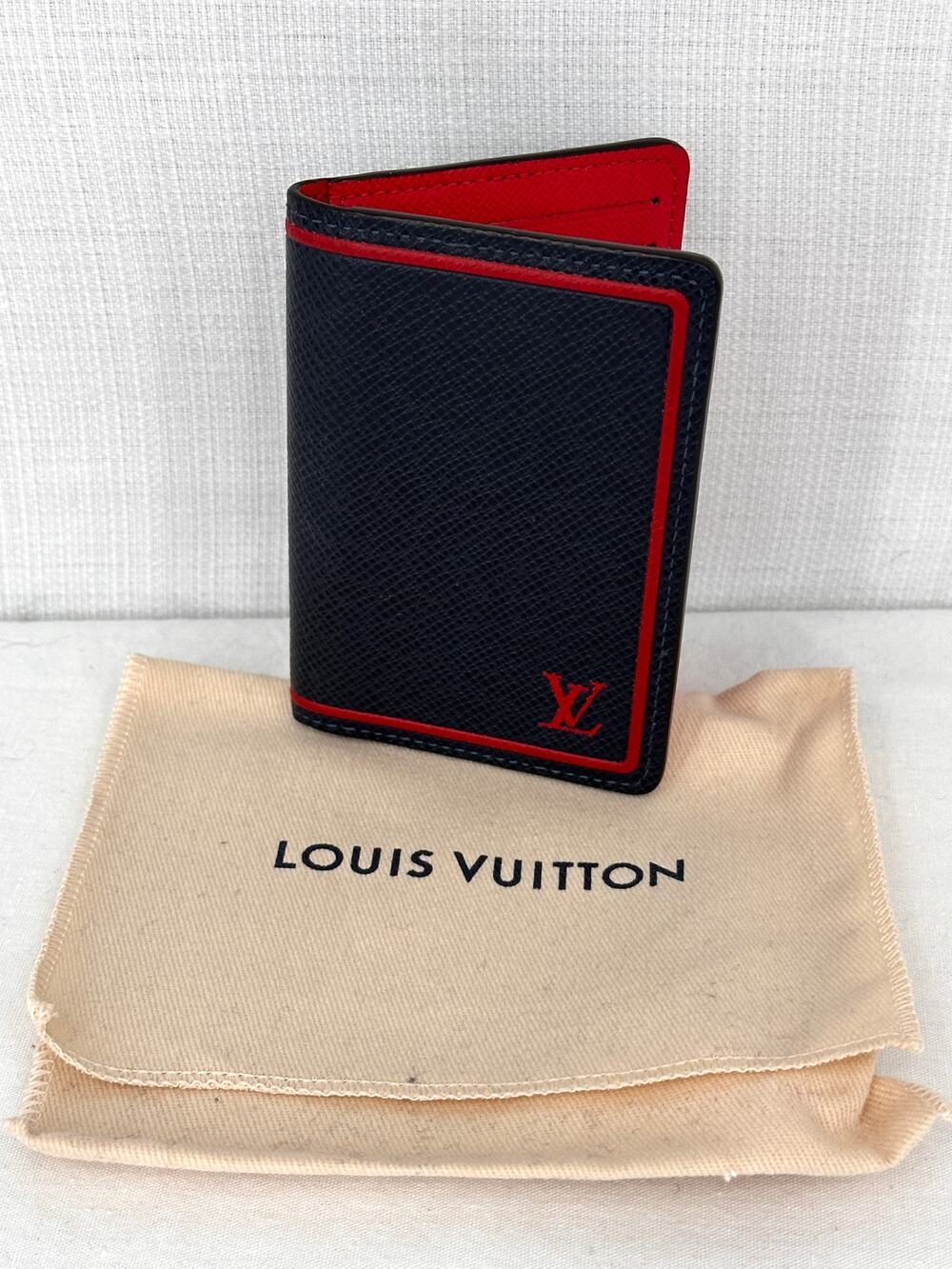 Louis Vuitton Pocket Organizer Card Case Taiga Leather Marine Navy Red M63408